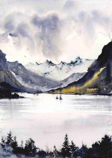 Pittura intitolato "Mountain Lake #8" da Eugenia Gorbacheva, Opera d'arte originale, Acquarello