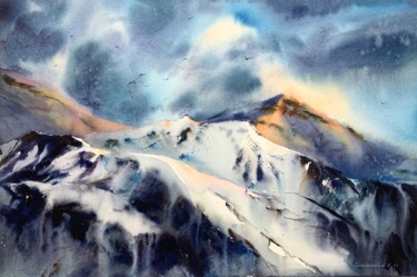 Painting titled "snowy mountains #7" by Eugenia Gorbacheva, Original Artwork, Watercolor