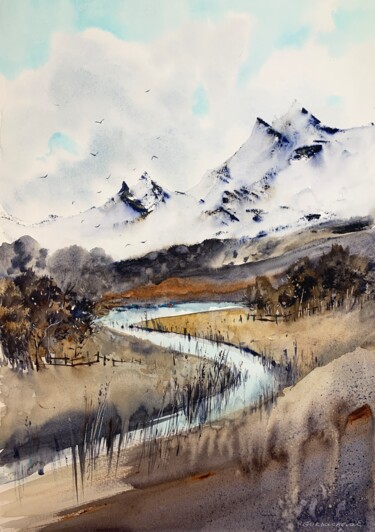 Pittura intitolato "Mountain river #7" da Eugenia Gorbacheva, Opera d'arte originale, Acquarello