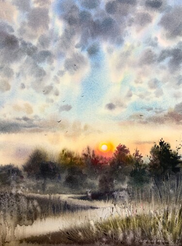 Peinture intitulée "Sunrise in the vill…" par Eugenia Gorbacheva, Œuvre d'art originale, Aquarelle