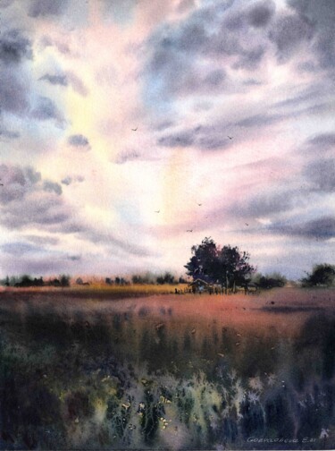Картина под названием "Sunset in the villa…" - Eugenia Gorbacheva, Подлинное произведение искусства, Акварель