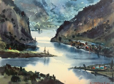 Pittura intitolato "Mountain river #8" da Eugenia Gorbacheva, Opera d'arte originale, Acquarello