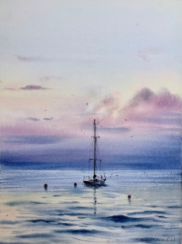 Painting titled "Yacht at anchor  #8" by Eugenia Gorbacheva, Original Artwork, Watercolor