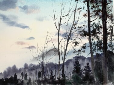 Painting titled "Twilight in the for…" by Eugenia Gorbacheva, Original Artwork, Watercolor