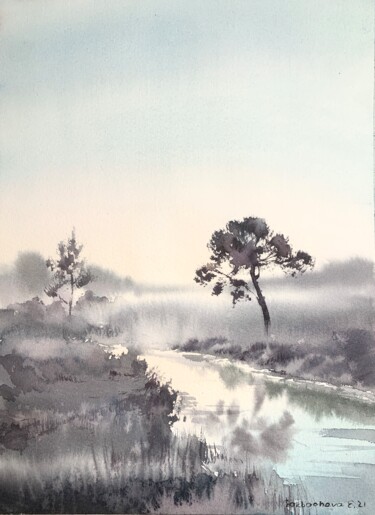 Painting titled "Tree by the river #3" by Eugenia Gorbacheva, Original Artwork, Watercolor