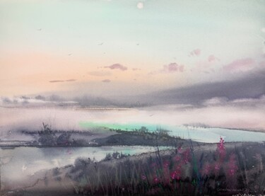 Painting titled "Fog over the river" by Eugenia Gorbacheva, Original Artwork, Watercolor