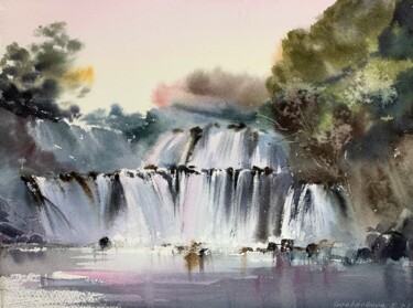 Painting titled "Waterfall #7" by Eugenia Gorbacheva, Original Artwork, Watercolor