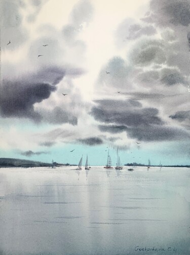Painting titled "Yachts at anchor  #9" by Eugenia Gorbacheva, Original Artwork, Watercolor