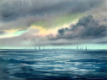 Картина под названием "Yachts at sea #4" - Eugenia Gorbacheva, Подлинное произведение искусства, Акварель
