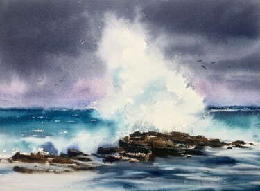 Ζωγραφική με τίτλο "Waves and rocks #3" από Eugenia Gorbacheva, Αυθεντικά έργα τέχνης, Ακουαρέλα