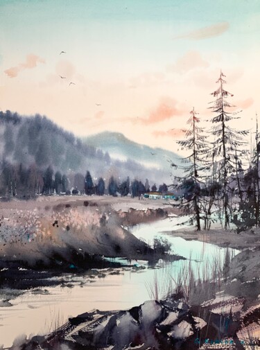 Pittura intitolato "Mountain river #10" da Eugenia Gorbacheva, Opera d'arte originale, Acquarello