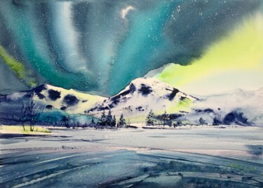 Pittura intitolato "Aurora borealis #22" da Eugenia Gorbacheva, Opera d'arte originale, Acquarello