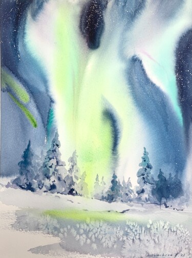 Malerei mit dem Titel "Aurora borealis #24" von Eugenia Gorbacheva, Original-Kunstwerk, Aquarell