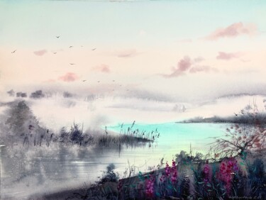 Painting titled "Fog over the river…" by Eugenia Gorbacheva, Original Artwork, Watercolor