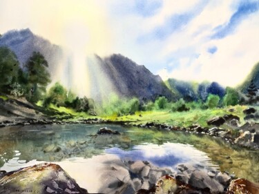 Painting titled "Mountain lake in th…" by Eugenia Gorbacheva, Original Artwork, Watercolor