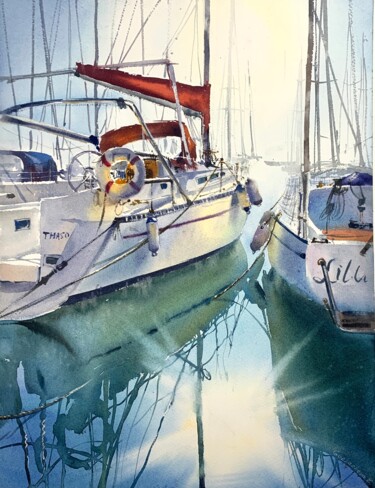 Картина под названием "Moored yachts in th…" - Eugenia Gorbacheva, Подлинное произведение искусства, Акварель