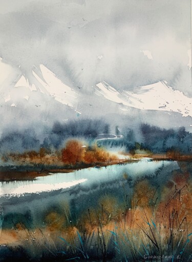 Painting titled "Mountain river #11" by Eugenia Gorbacheva, Original Artwork, Watercolor