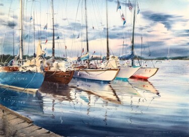 Painting titled "Moored yachts at su…" by Eugenia Gorbacheva, Original Artwork, Watercolor