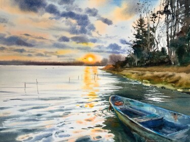 Картина под названием "Boat on Lake Narach…" - Eugenia Gorbacheva, Подлинное произведение искусства, Акварель