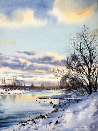 Painting titled "Frozen river #2" by Eugenia Gorbacheva, Original Artwork, Watercolor