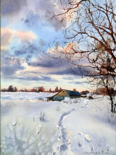 Painting titled "Snowy path" by Eugenia Gorbacheva, Original Artwork, Watercolor