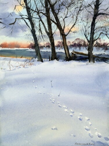Painting titled "FOOTPRINTS IN THE S…" by Eugenia Gorbacheva, Original Artwork, Watercolor