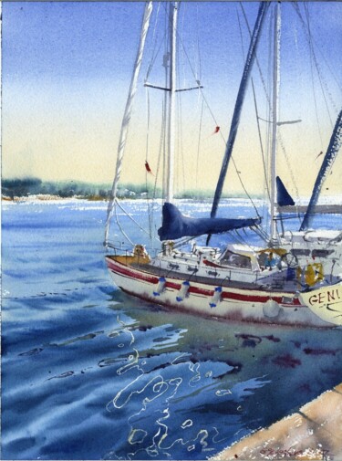 Painting titled "YACHTS AT ANCHOR #10" by Eugenia Gorbacheva, Original Artwork, Watercolor