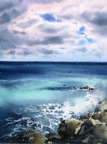 Painting titled "Waves and stones #4" by Eugenia Gorbacheva, Original Artwork, Watercolor