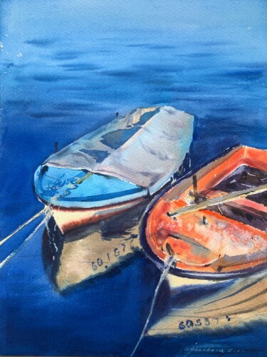 Painting titled "BOATS ON THE PIER #3" by Eugenia Gorbacheva, Original Artwork, Watercolor