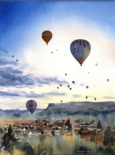 Painting titled "HOT AIR BALLOONS IN…" by Eugenia Gorbacheva, Original Artwork, Watercolor