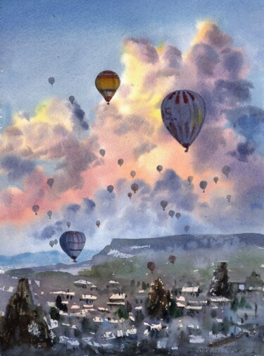 Painting titled "HOT AIR BALLOONS IN…" by Eugenia Gorbacheva, Original Artwork, Watercolor