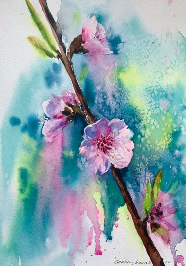 Painting titled "ALMOND FLOWERS #3" by Eugenia Gorbacheva, Original Artwork, Watercolor