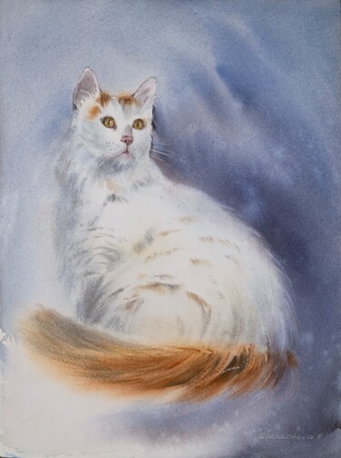 Painting titled "WHITE CAT" by Eugenia Gorbacheva, Original Artwork, Watercolor