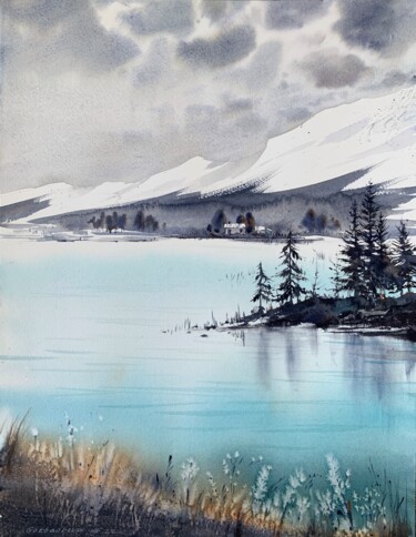 Pintura intitulada "MOUNTAIN LAKE #20" por Eugenia Gorbacheva, Obras de arte originais, Aquarela
