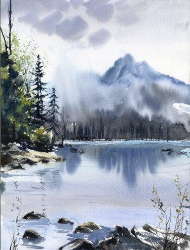 Painting titled "MOUNTAIN LAKE #21" by Eugenia Gorbacheva, Original Artwork, Watercolor
