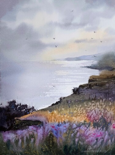 Painting titled "FLOWERS AND SEA. CY…" by Eugenia Gorbacheva, Original Artwork, Watercolor