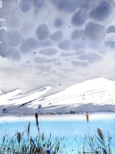 Painting titled "BLUE LAKE IN THE MO…" by Eugenia Gorbacheva, Original Artwork, Watercolor