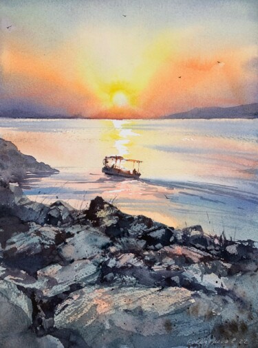 Peinture intitulée "SUNSET ON THE SEA.…" par Eugenia Gorbacheva, Œuvre d'art originale, Aquarelle