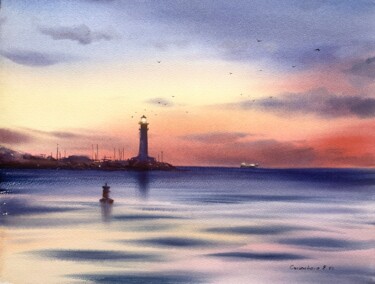 Pittura intitolato "SUNSET ON THE SEA.…" da Eugenia Gorbacheva, Opera d'arte originale, Acquarello