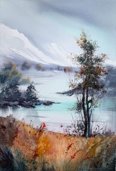 Painting titled "Tree on the shore o…" by Eugenia Gorbacheva, Original Artwork, Watercolor