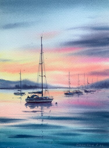 Painting titled "YACHTS BEFORE SUNSE…" by Eugenia Gorbacheva, Original Artwork, Watercolor