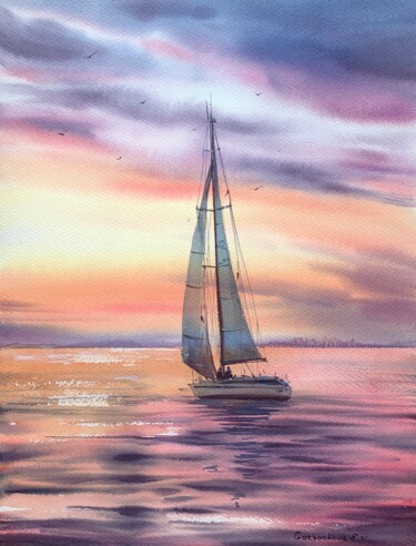 Картина под названием "Yacht at sunset" - Eugenia Gorbacheva, Подлинное произведение искусства, Акварель