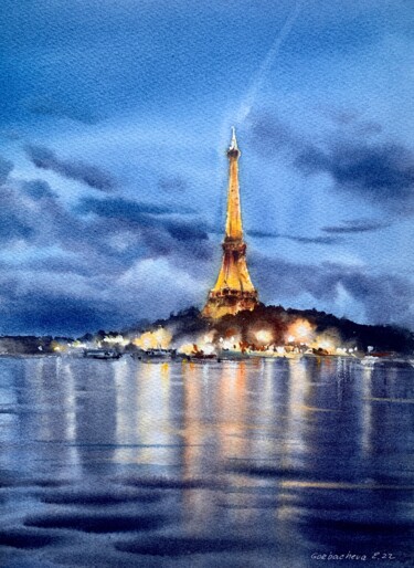 Pintura intitulada "EIFFEL TOWER, PARIS…" por Eugenia Gorbacheva, Obras de arte originais, Aquarela