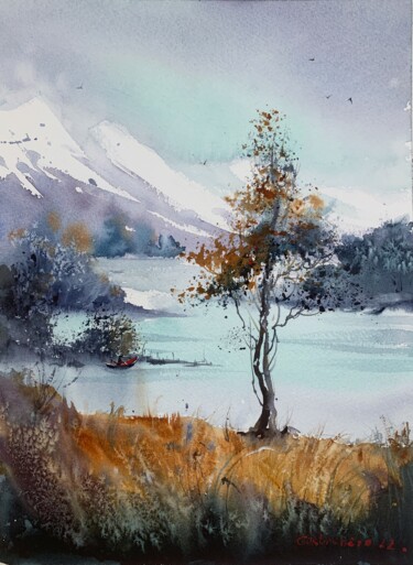 Painting titled "TREE ON THE SHORE O…" by Eugenia Gorbacheva, Original Artwork, Watercolor