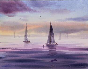 Painting titled "Yachts at sea #7" by Eugenia Gorbacheva, Original Artwork, Watercolor