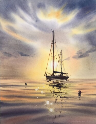 Painting titled "Yacht at sunset #3" by Eugenia Gorbacheva, Original Artwork, Watercolor