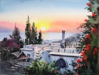 Painting titled "Greek village Sunri…" by Eugenia Gorbacheva, Original Artwork, Watercolor