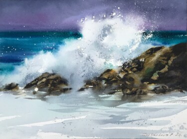 Painting titled "Waves and rocks #8" by Eugenia Gorbacheva, Original Artwork, Watercolor