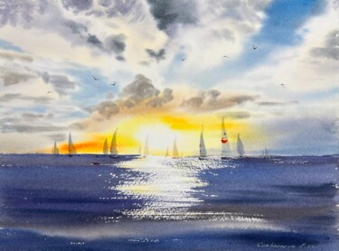 Картина под названием "Yachts at sunset #4" - Eugenia Gorbacheva, Подлинное произведение искусства, Акварель