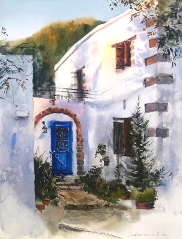 Peinture intitulée "Greek village Sunri…" par Eugenia Gorbacheva, Œuvre d'art originale, Aquarelle